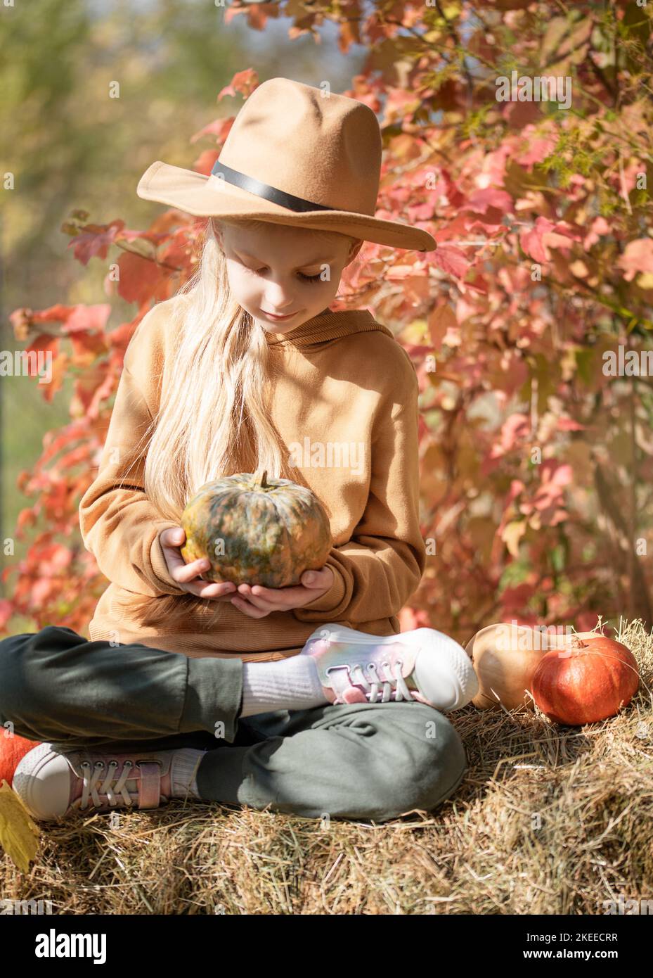 Little girls sitting among hay bales and pumpkins in the autumn garden ...