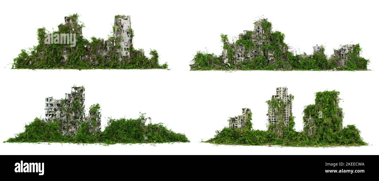 lush overgrown buildings, collection of post-apocalyptic cityscapes isolated on white background Stock Photo