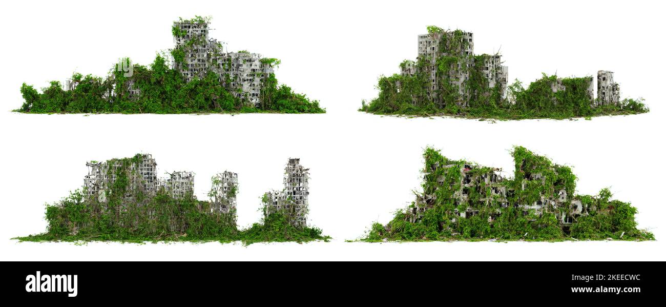 lush overgrown buildings, collection of post-apocalyptic cityscapes isolated on white background Stock Photo