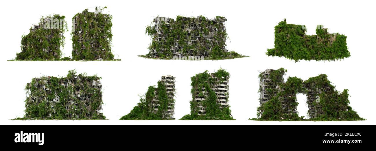 lush overgrown buildings, collection of post-apocalyptic cityscapes isolated on white background Stock Photo