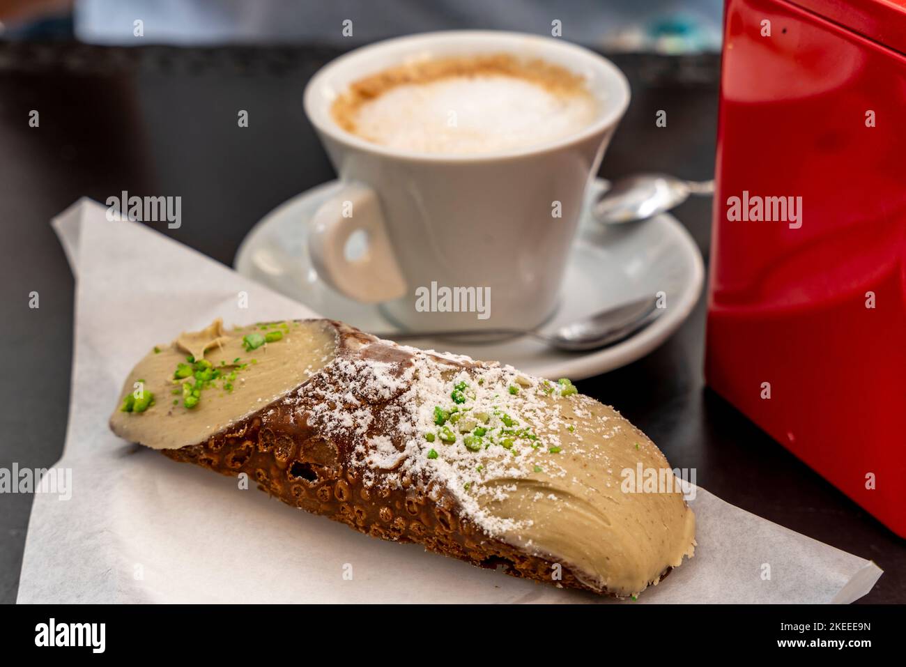 A Cappuccino And Traditional Sicilian Cannoli, Palermo, Sicily, Italy 