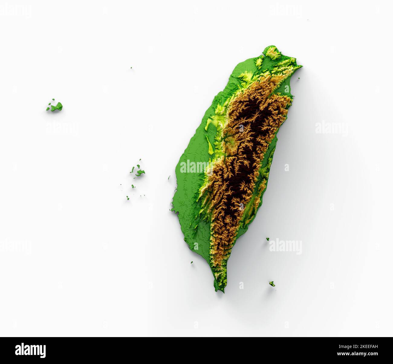 A 3D render of a topographic Taiwan map with hypsometric elevation on a