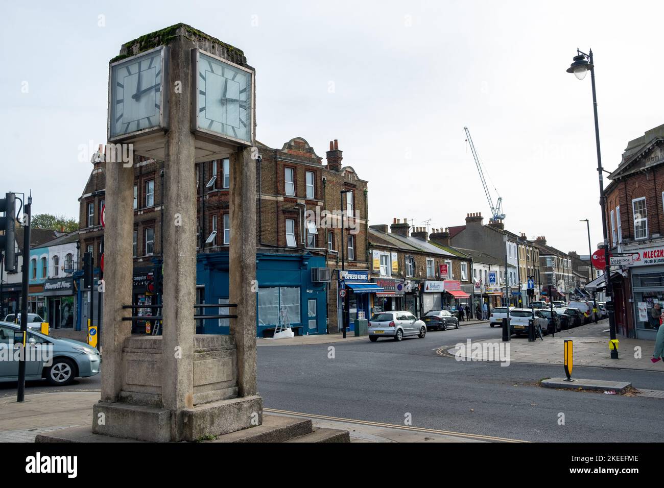 London- November 2022: The Clock Tower on Uxbridge Road, an historical landmark in Hanwell Town Centre- Ealing Stock Photo