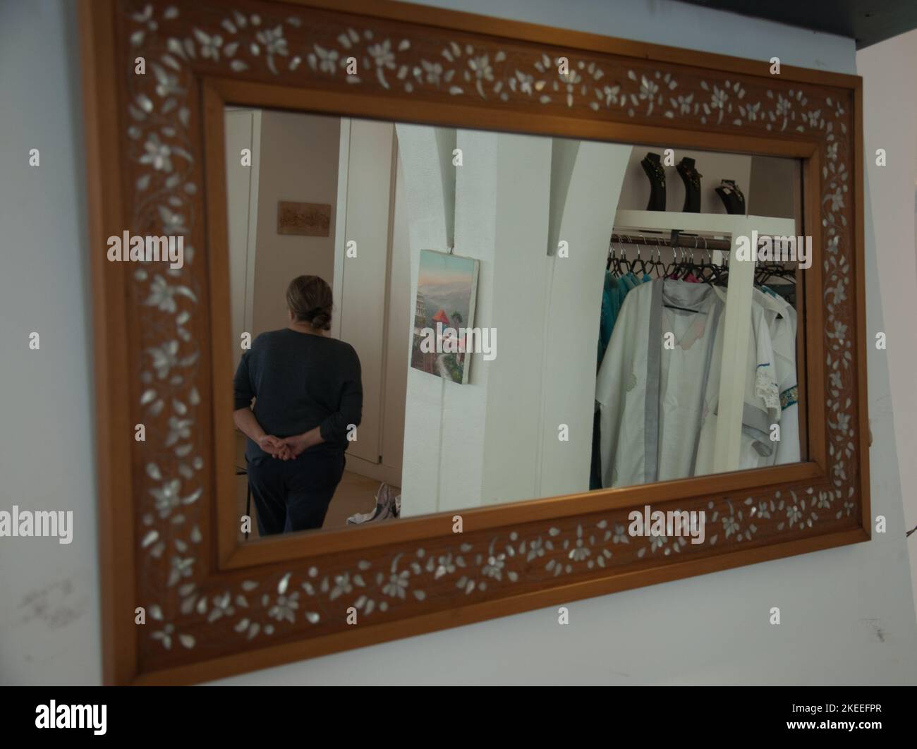 Mirror with inlaid wood surround, Lebanese Handicrafts, Beirut, Lebanon