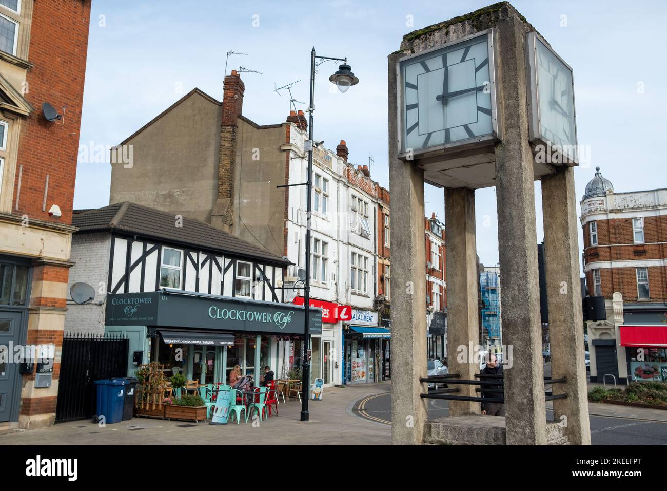 London- November 2022: The Clock Tower on Uxbridge Road, an historical landmark in Hanwell Town Centre- Ealing Stock Photo