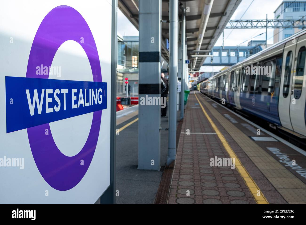 London- November 2022: Elizabeth Line train in the platform at West Ealing Station Stock Photo