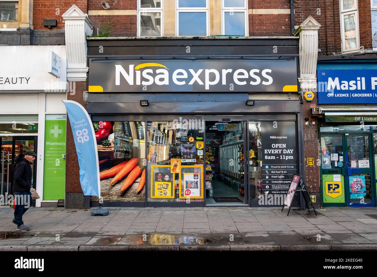 London- November 2022: Nisa Express, a British chain of high street convenience stores Stock Photo