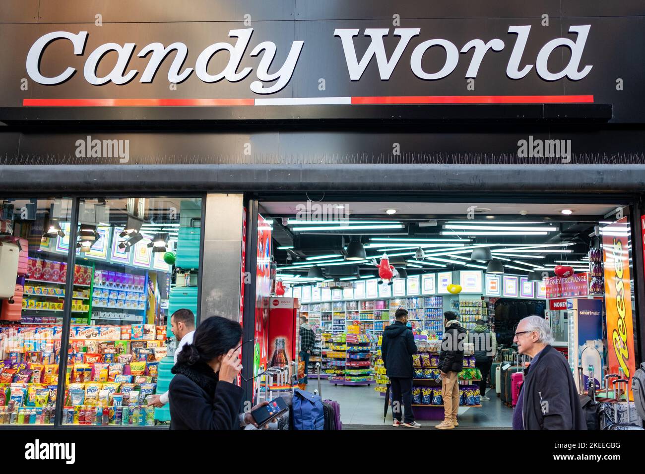 London- November 2022: Candy World on Oxford Street, one of many shops selling sweets and other confectionary. Stock Photo
