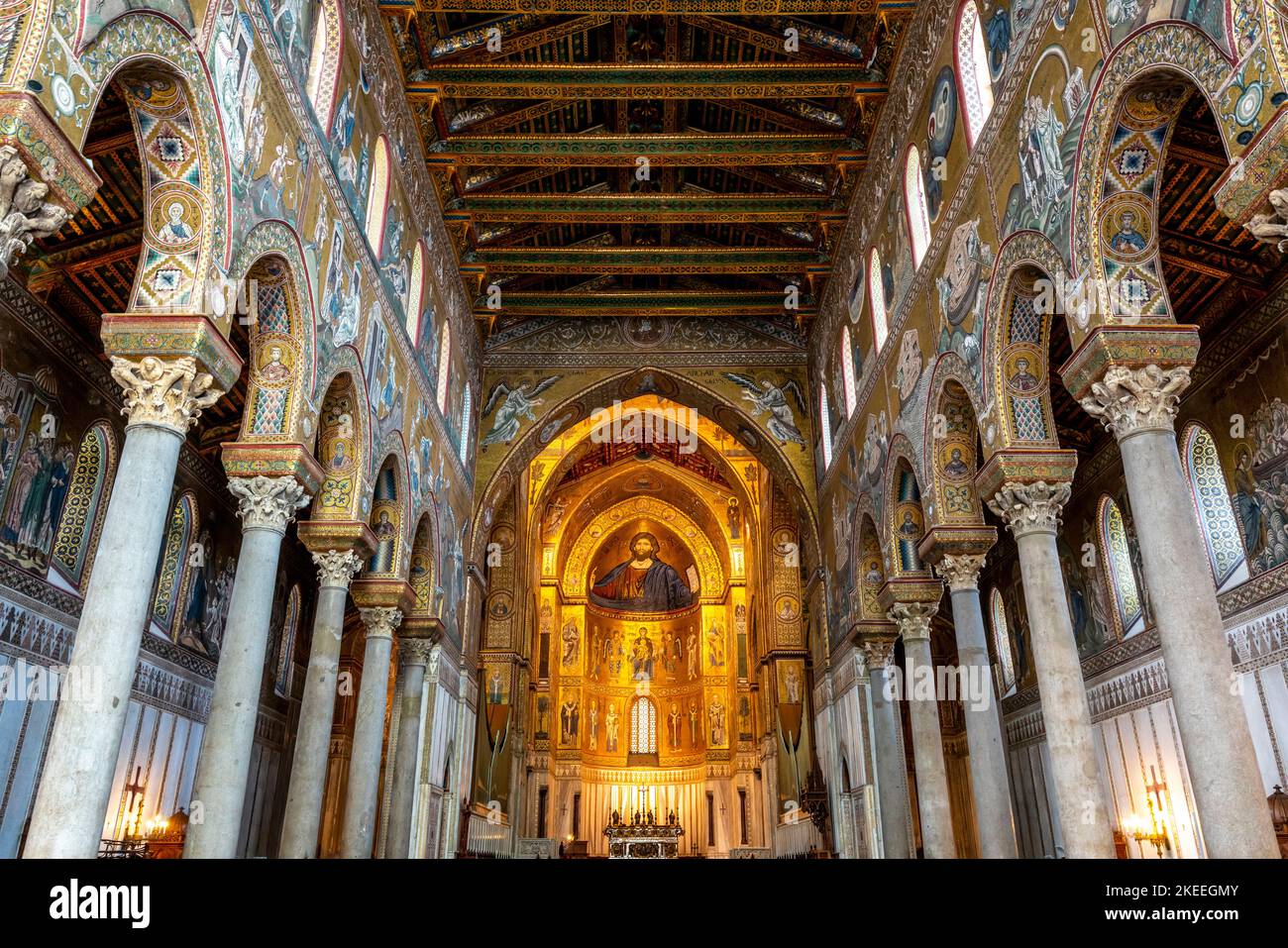 The Interior Of Monreale Cathedral, Palermo, Sicily, Italy Stock Photo ...