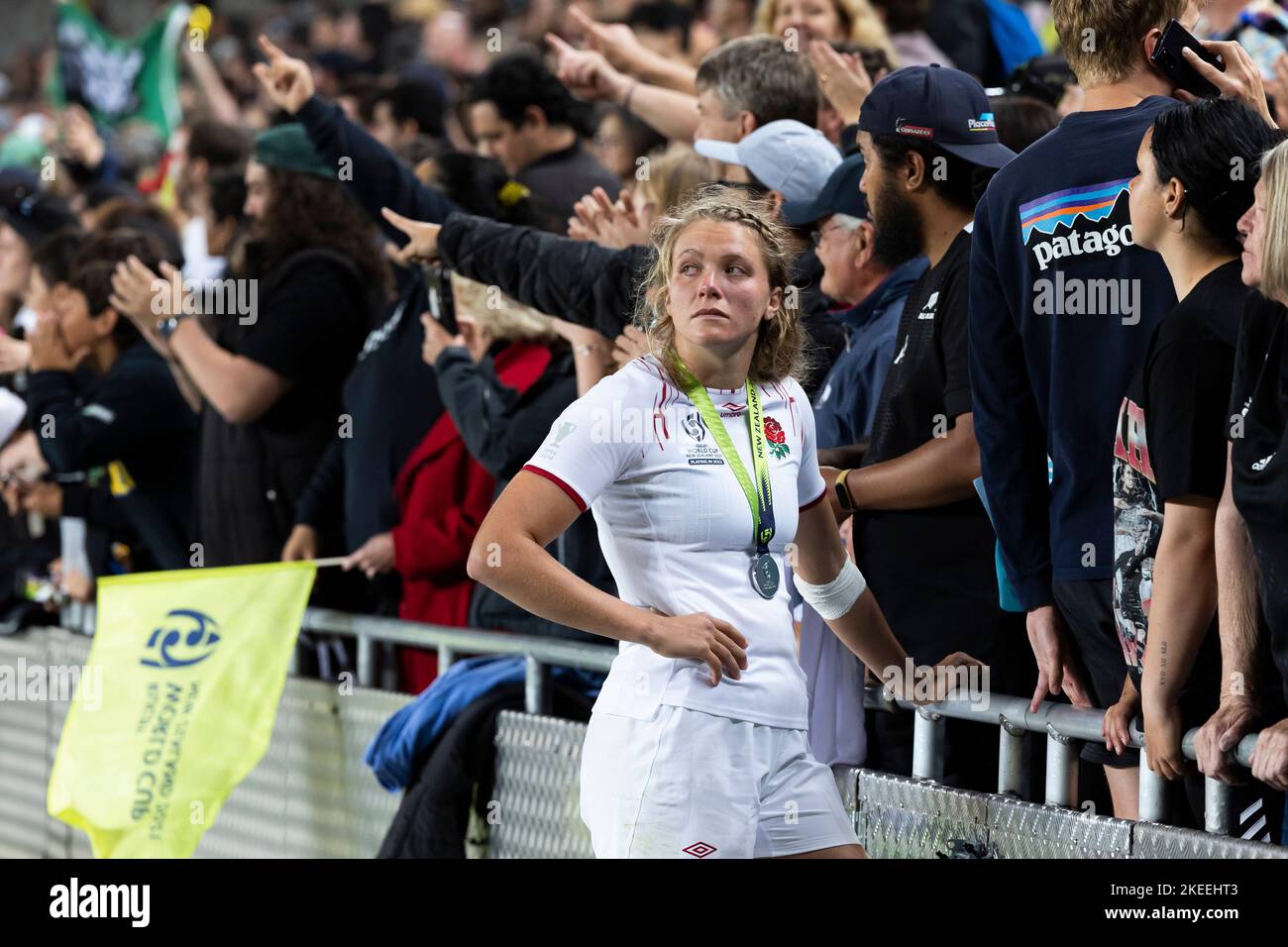 England's Alex Matthews looks dejected after defeat to New Zealand following the Women's Rugby World Cup final match at Eden Park in Auckland, New Zealand. Picture date: Saturday November 12, 2022. Stock Photo