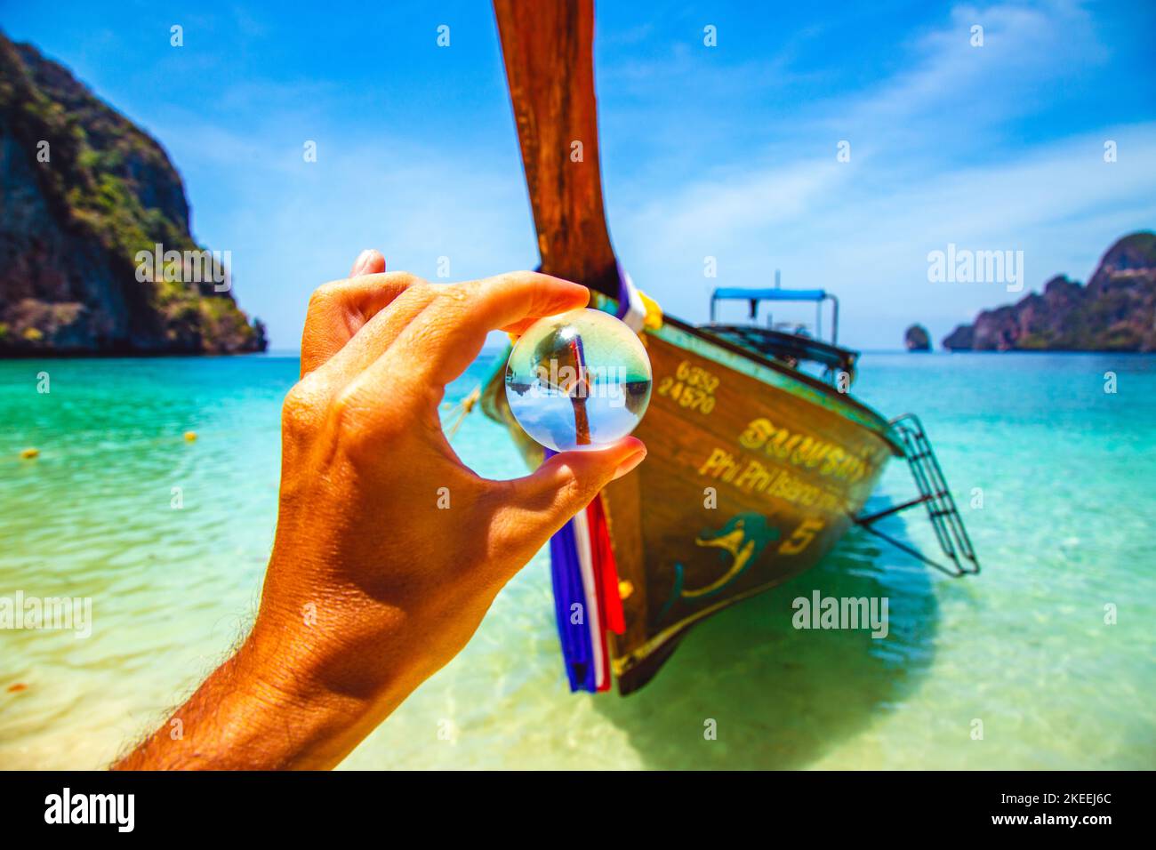 Long Tail boat in Monkey Beach in koh Phi Phi Don island, in Krabi