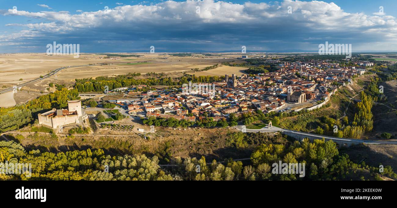 Aerial view of the Spanish town of Arevalo in Avila, with its famous castle in the foreground. Stock Photo