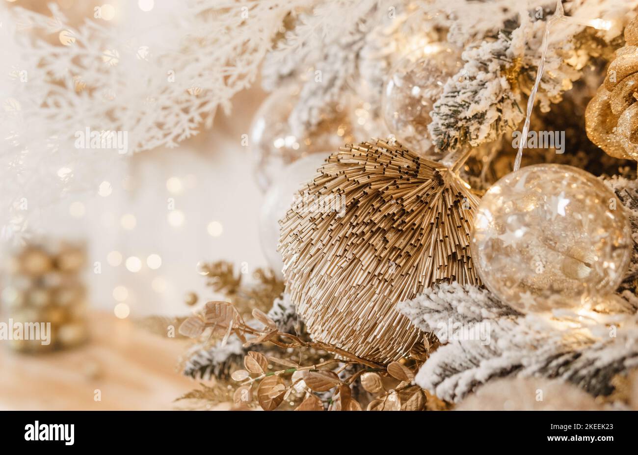 Christmas tree, fireplace, gifts, garlands, Christmas lights Stock