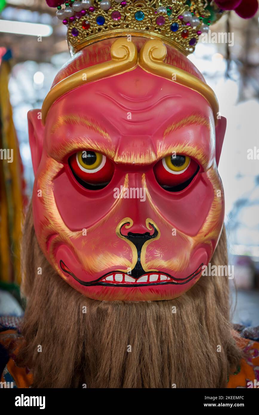 Head of a life-size puppet of the Monkey King used in ritual processions at the decennial Da Jiu festival, Kam Tin, New Territories, Hong Kong, 2015 Stock Photo