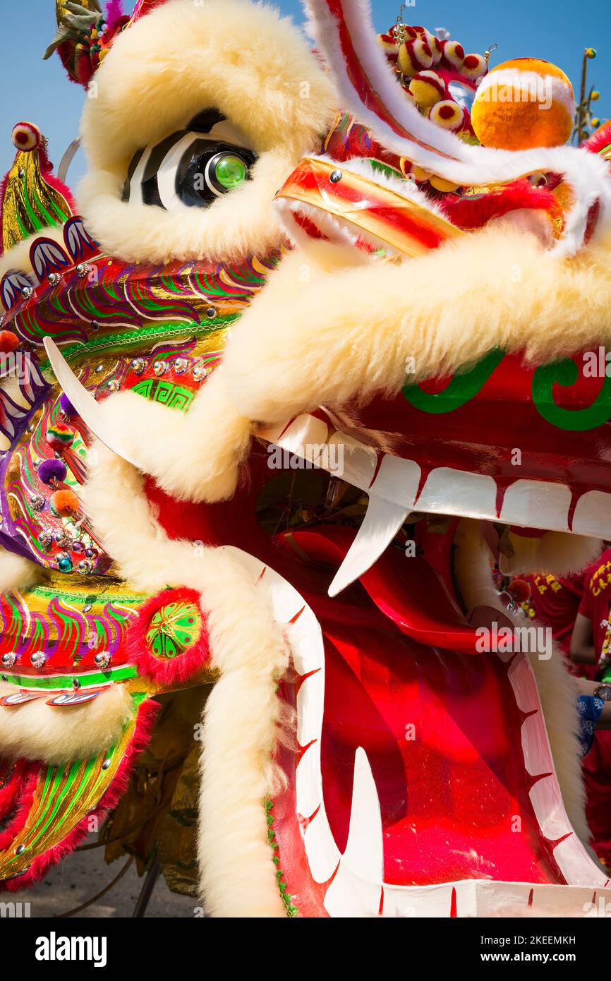 Close-up of the richly decorated head of a dragon dance puppet at the decennial Da Jiu festival site, Kam Tin, New Territories, Hong Kong, 2015 Stock Photo