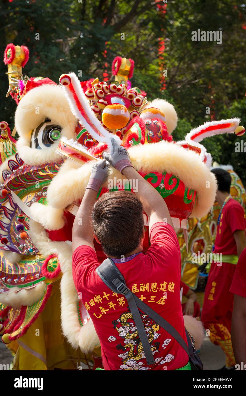 A dragon dance team member makes adjustments to the puppet’s head at the decennial Da Jiu festival site, Kam Tin, New Territories, Hong Kong, 2015 Stock Photo