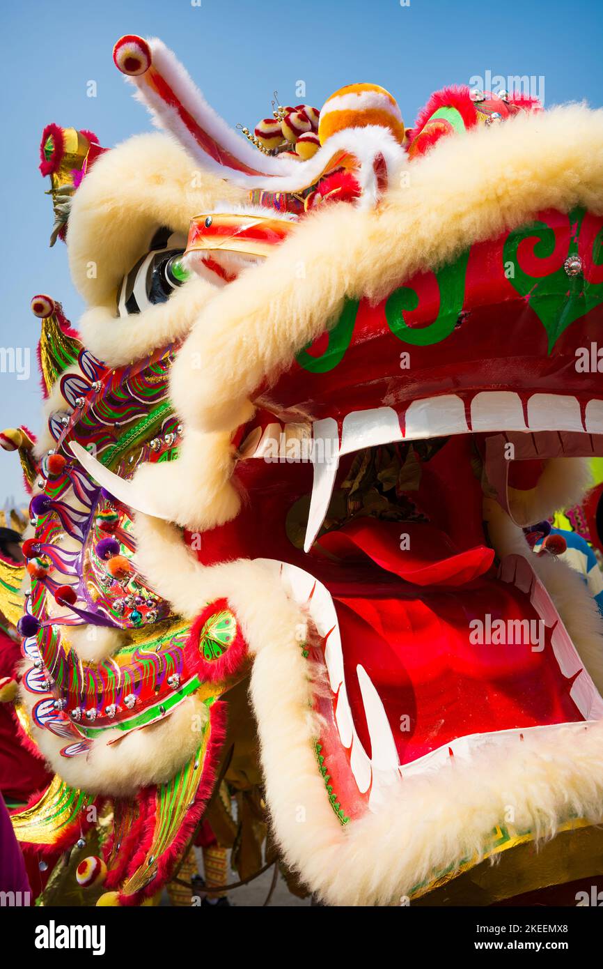 Close-up of the richly decorated head of a dragon dance puppet at the decennial Da Jiu festival site, Kam Tin, New Territories, Hong Kong, 2015 Stock Photo