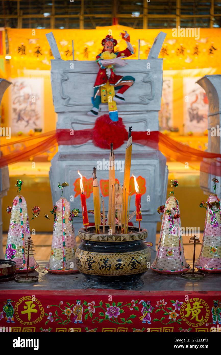 Shrine in the main hall, with a small effigy of the Ghost King, at the decennial Da Jiu festival site, Kam Tin, New Territories, Hong Kong, 2015 Stock Photo