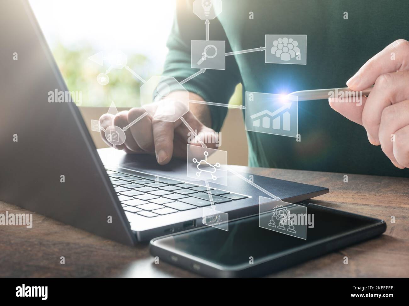Business Intelligence. hands working with laptop computer with global network connection, data exchange, digital technology, data science and digital Stock Photo