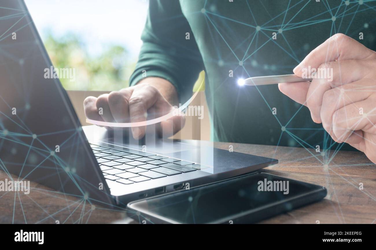 hands with laptop. Business Intelligence, data exchange, digital technology, data science and digital marketing, Investment on global business Stock Photo