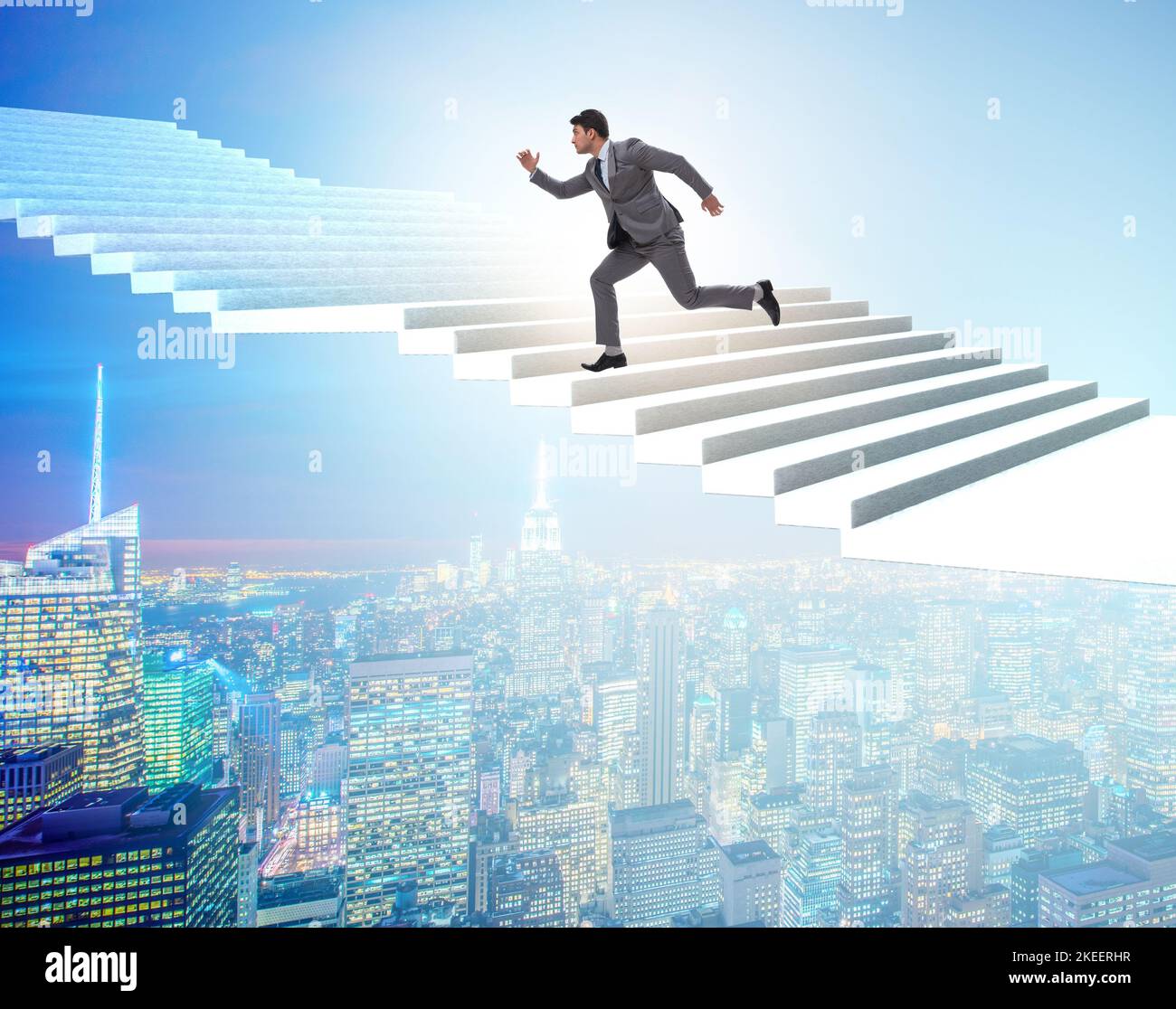 The businessman climbing career ladder over city Stock Photo - Alamy