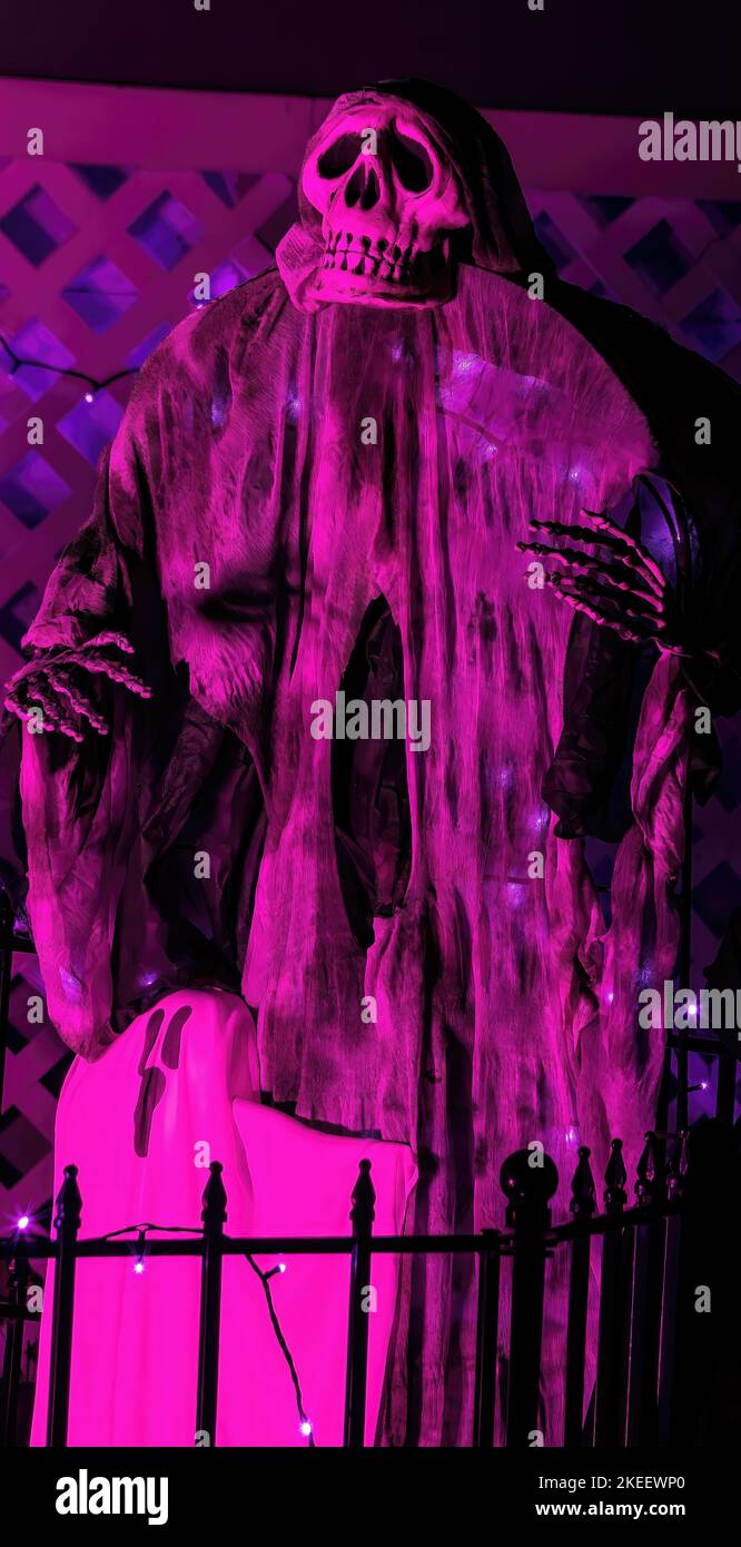 Spooky skeleton and ghost Halloween decoration with an eerie pink light