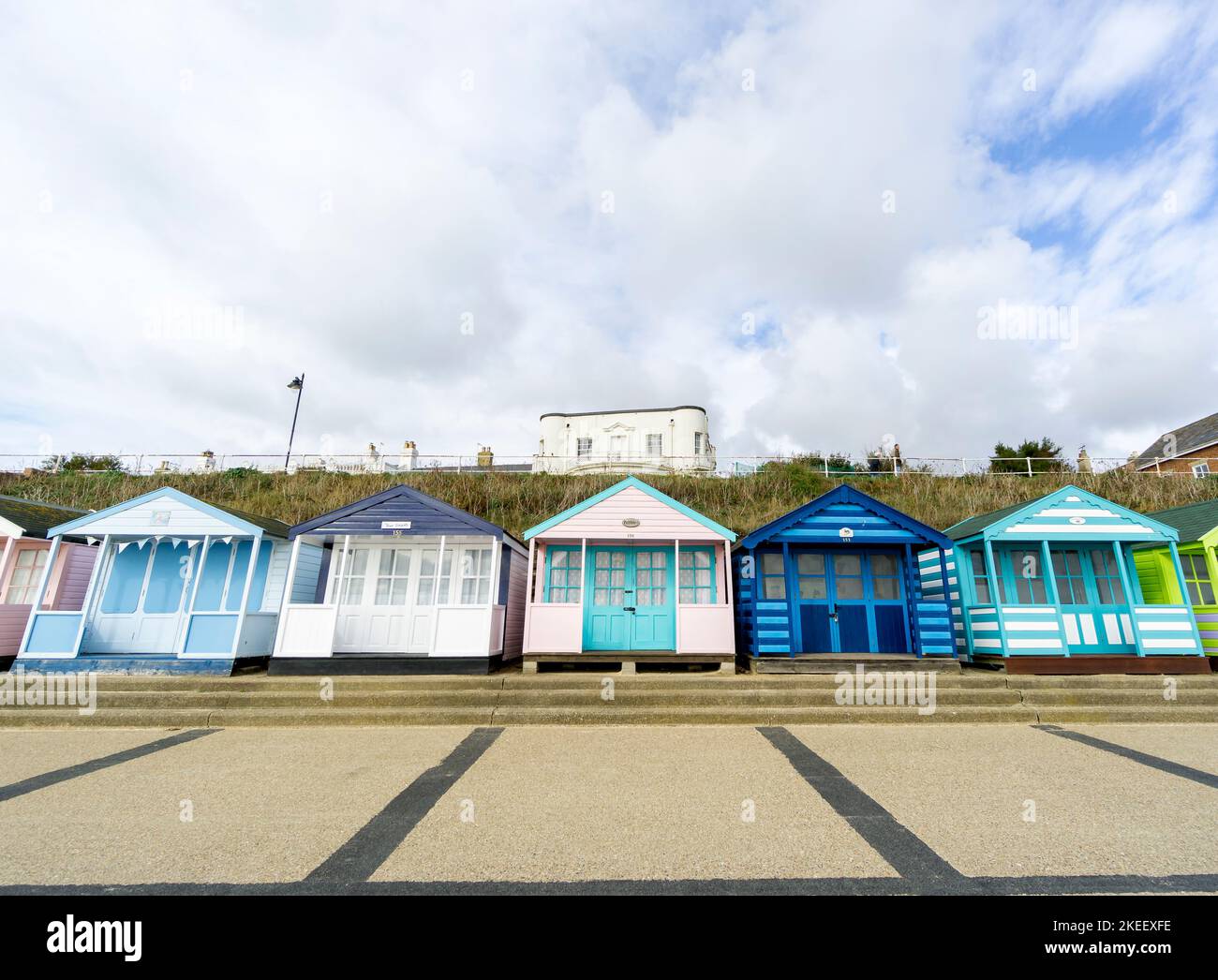 Large beach huts on south promenade, Southwold Suffolk 2022 Stock Photo