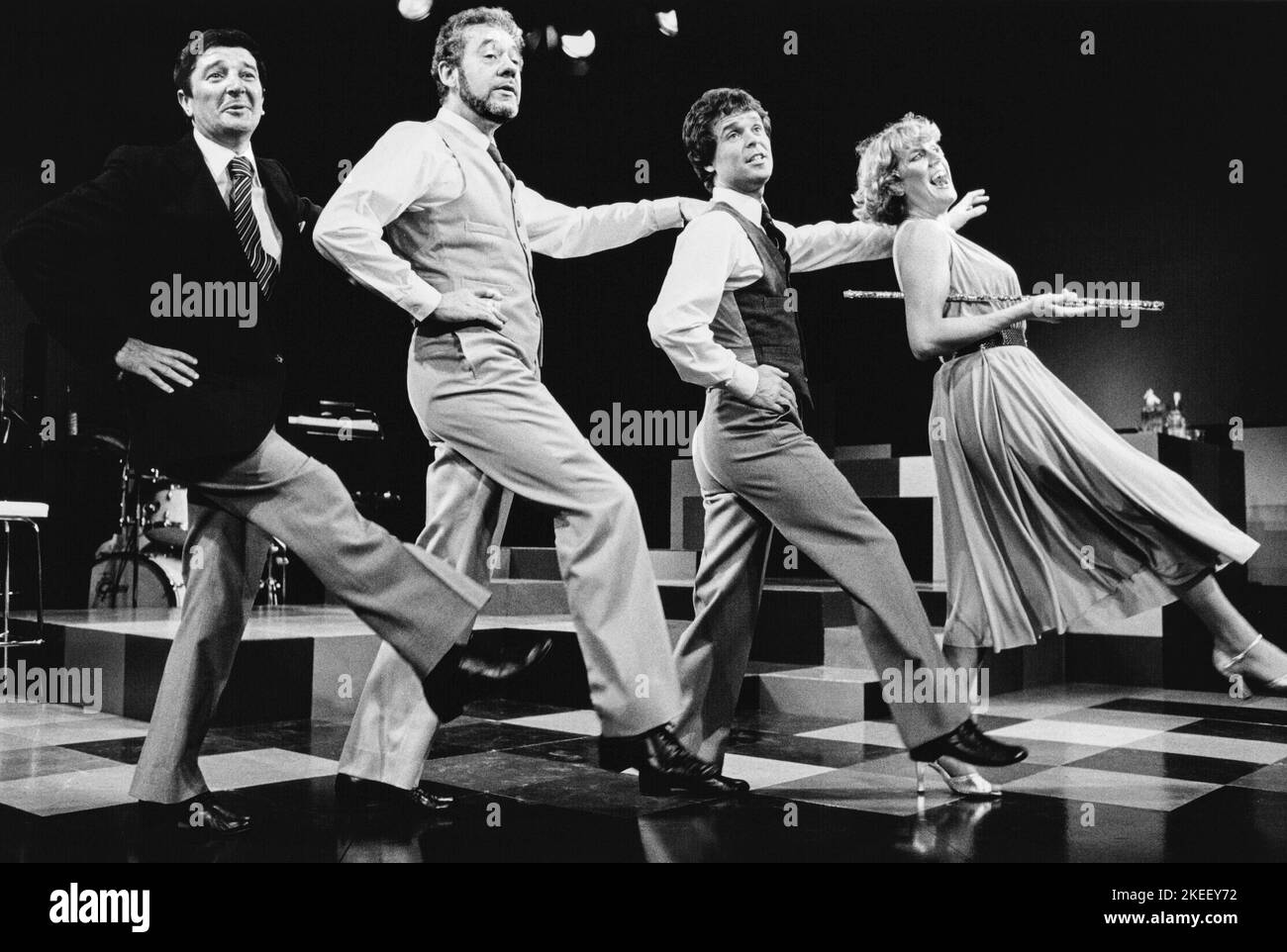 l-r: Robin Ray, Jonathan Adams, Martin Connor and Tricia George in TOMFOOLERY at the Criterion Theatre, London SW1  05/06/1980  words, music & lyrics by Tom Lehrer  compiled by Robin Ray & Cameron Mackintosh  musical director: Chris Walker  design: Adrian Faux  lighting: Andrew Bridge  director: Gillian Lynne Stock Photo