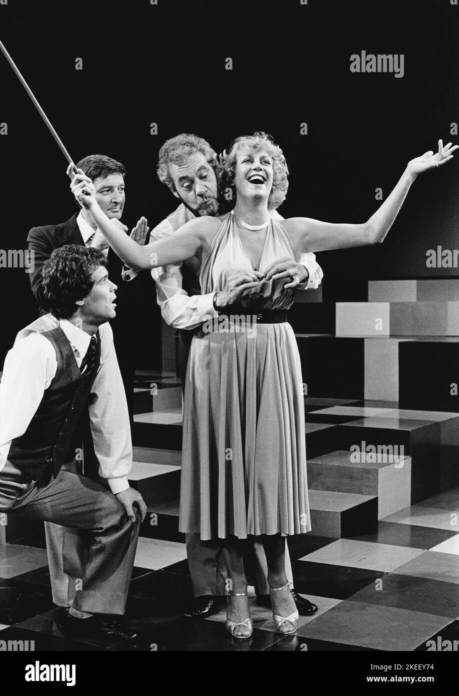 l-r: Martin Connor, Robin Ray, Jonathan Adams and Tricia George in TOMFOOLERY at the Criterion Theatre, London SW1  05/06/1980  words, music & lyrics by Tom Lehrer  compiled by Robin Ray & Cameron Mackintosh  musical director: Chris Walker  design: Adrian Faux  lighting: Andrew Bridge  director: Gillian Lynne Stock Photo