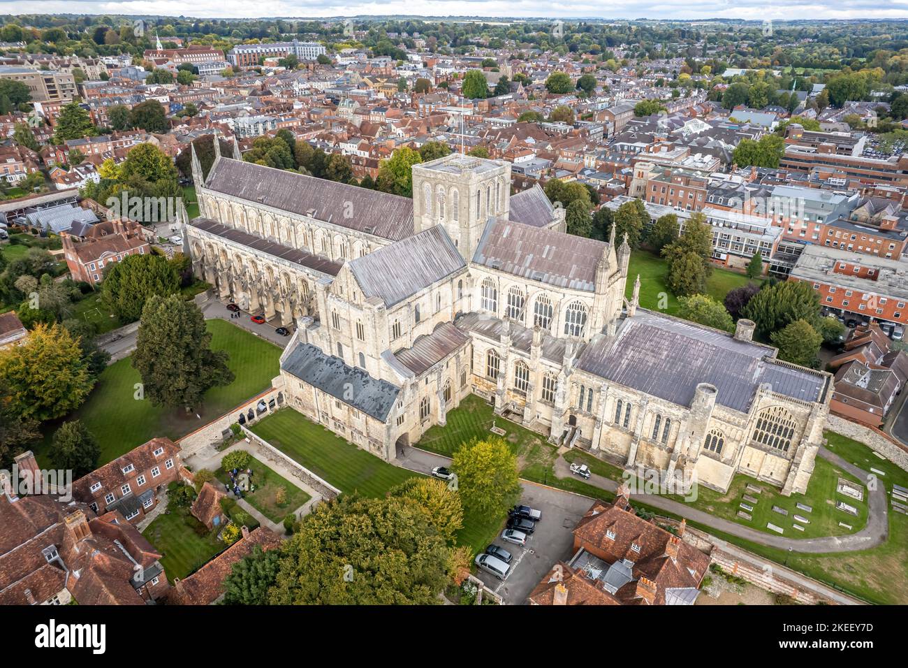 The drone aerial view of Winchester Cathedral and city, England. The