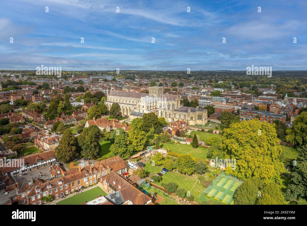 The drone aerial view of Winchester Cathedral and city, England. The