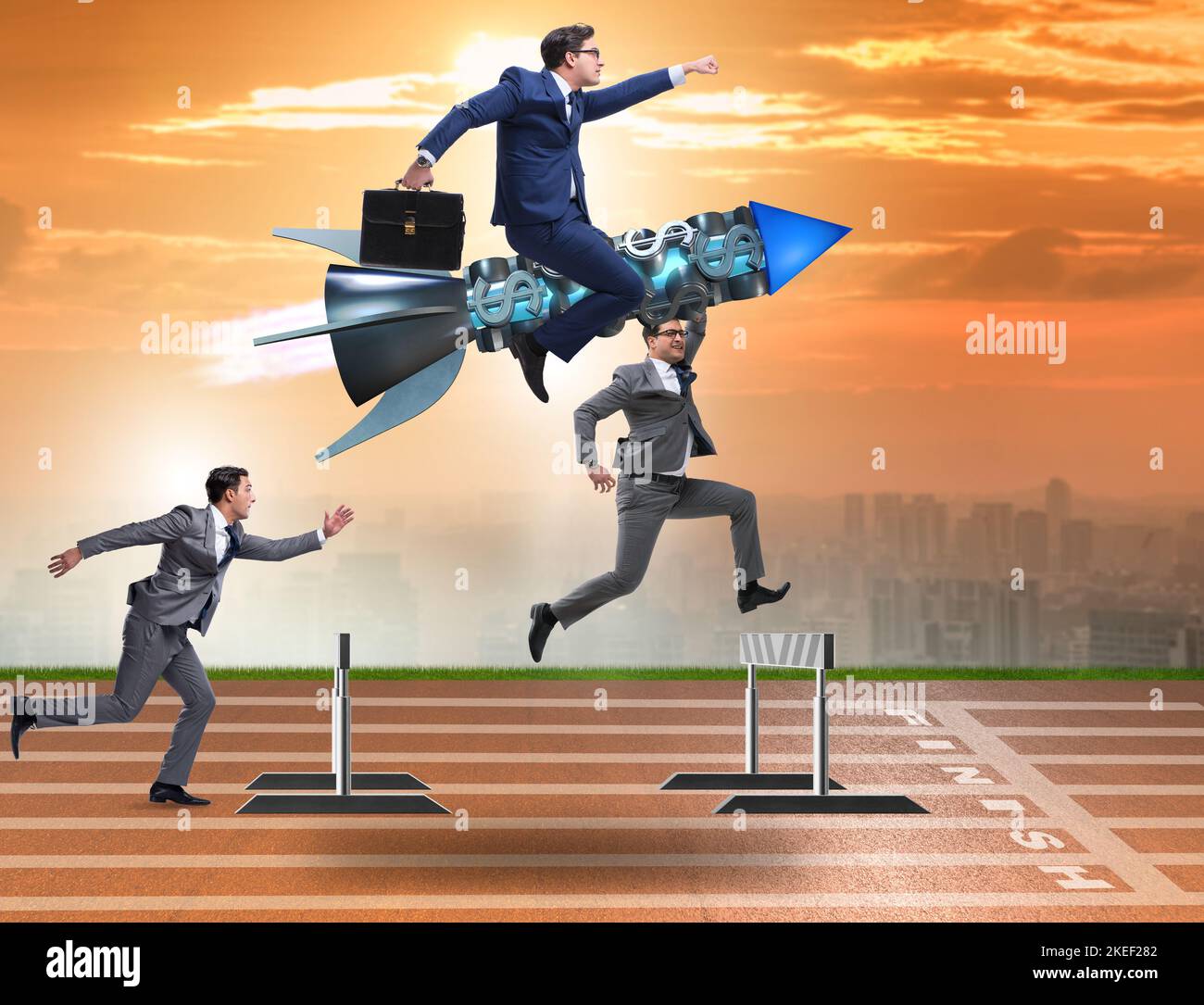 The competition concept with businessman and rocket Stock Photo - Alamy