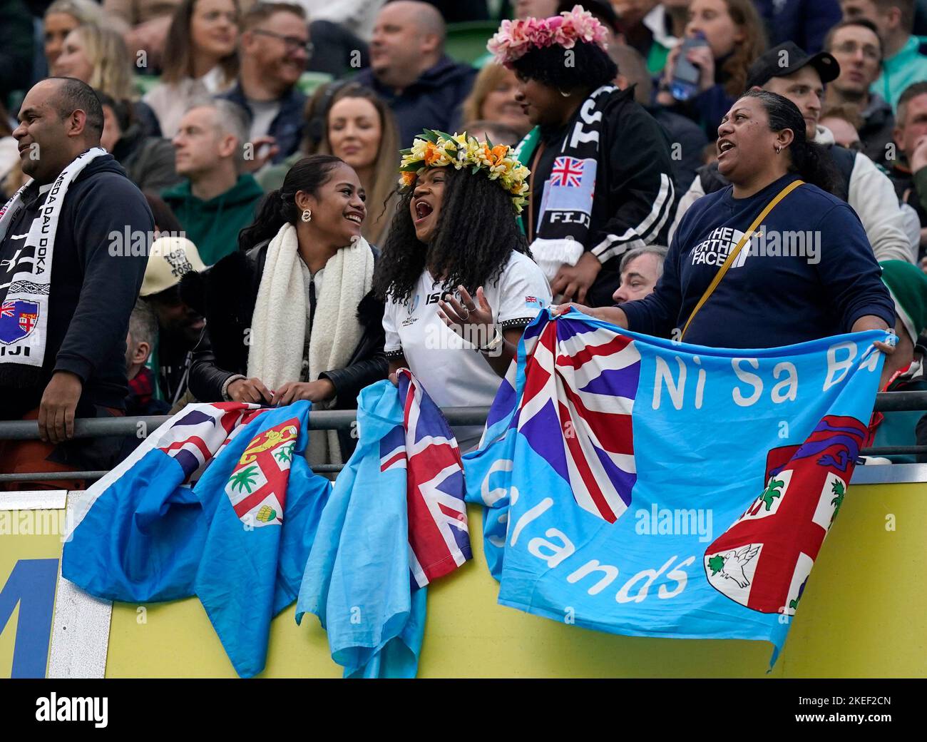 Fiji fans celebrate their sides first try during the Autumn International match at the Aviva Stadium in Dublin, Ireland. Picture date: Saturday November 12, 2022. Stock Photo