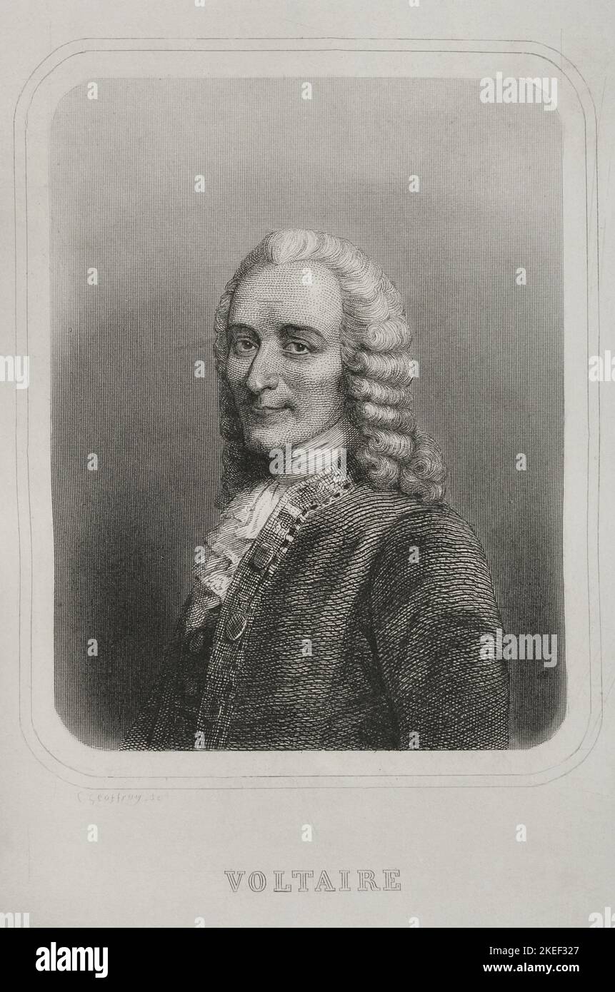 Voltaire (Francois Marie Arouet) (1694-1778). French writer of the Enlightenment. Portrait. Engraving by Geoffroy. 'Historia Universal', by César Cantú. Volume VI. 1857. Author: Charles Geoffroy (1819-1882). French engraver. Stock Photo