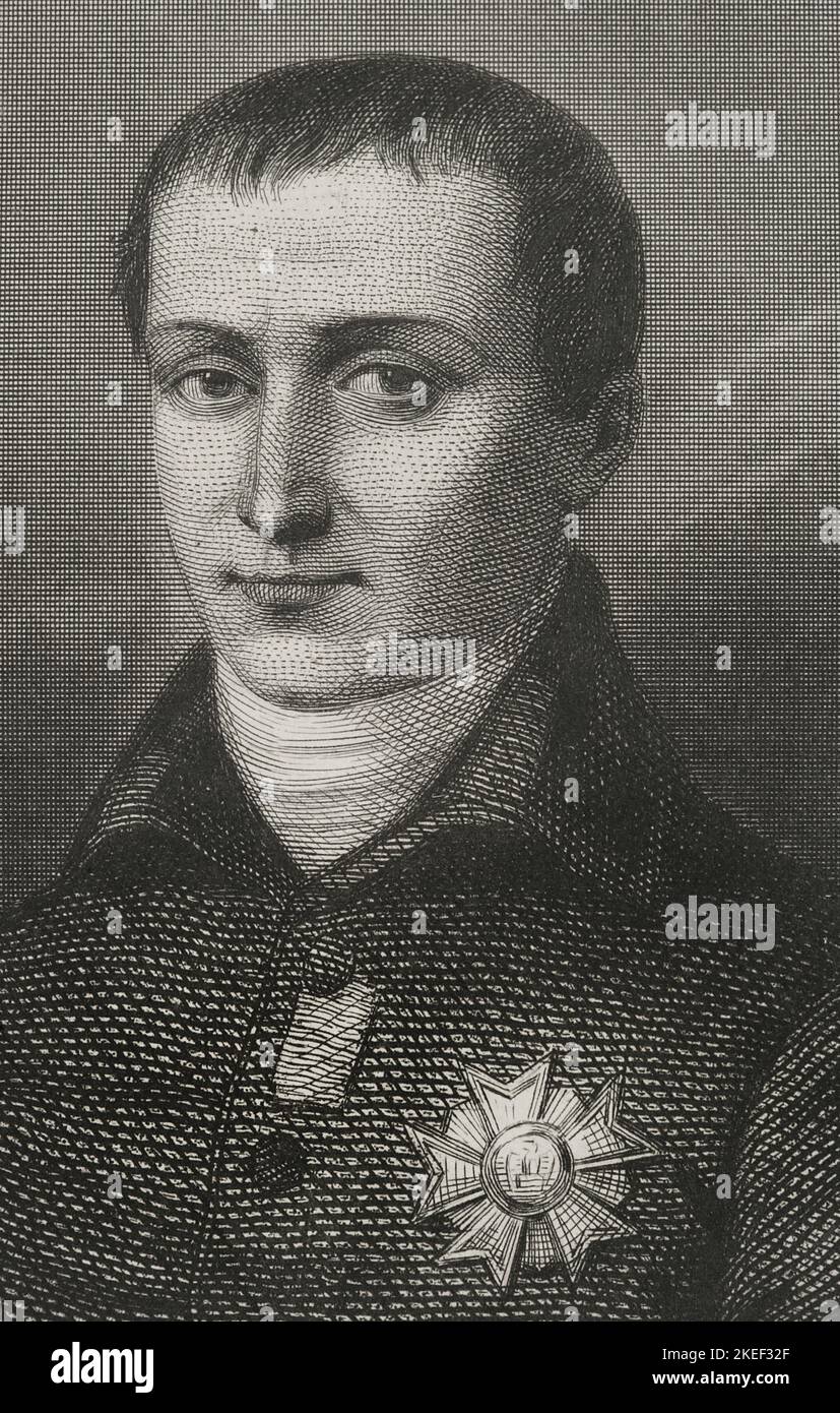 Joseph I Bonaparte (1768-1844). King of Naples (1806-1808) and king of Spain (1808-1813). Elder brother of Napoleon I, who granted him the Spanish throne, causing the uprising of May 2, 1808. Portrait. Engraving by Geoffroy. Detail. "Historia Universal", by César Cantú. Volume VI. 1857. Author: Charles Geoffroy (1819-1882). French engraver. Stock Photo