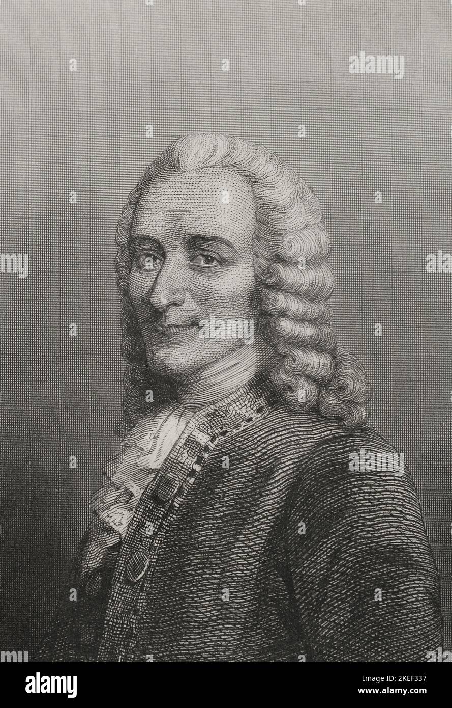 Voltaire (Francois Marie Arouet) (1694-1778). French writer of the Enlightenment. Portrait. Engraving by Geoffroy. 'Historia Universal', by César Cantú. Volume VI. 1857. Author: Charles Geoffroy (1819-1882). French engraver. Stock Photo