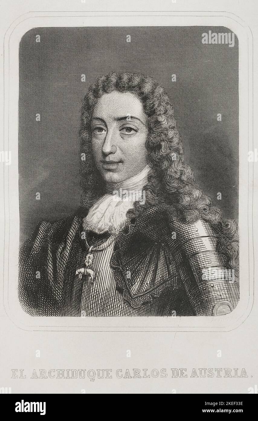 Charles VI (1685-1740). Holy Roman Emperor (1711-1740). Portrait. Pretender to the throne of Spain as Charles III. Engraving by Geoffroy. 'Historia Universal', by César Cantú. Volume VI. 1857. Author: Charles Geoffroy (1819-1882). French engraver. Stock Photo