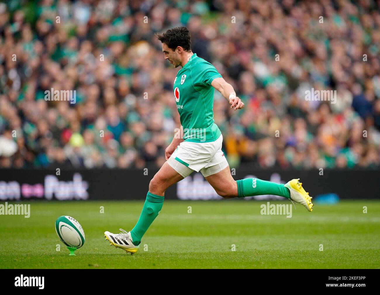 Ireland's Joey Carbery kicks a conversion following his sides first try of the game during the Autumn International match at the Aviva Stadium in Dublin, Ireland. Picture date: Saturday November 12, 2022. Stock Photo