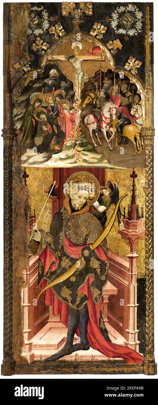 Joan Mates, Calvary and Saint Sebastian, Circa 1417-1425, Tempera and gold leaf on wood, Museu Nacional d'Art de Catalunya, Barcelona, Spain. Stock Photo