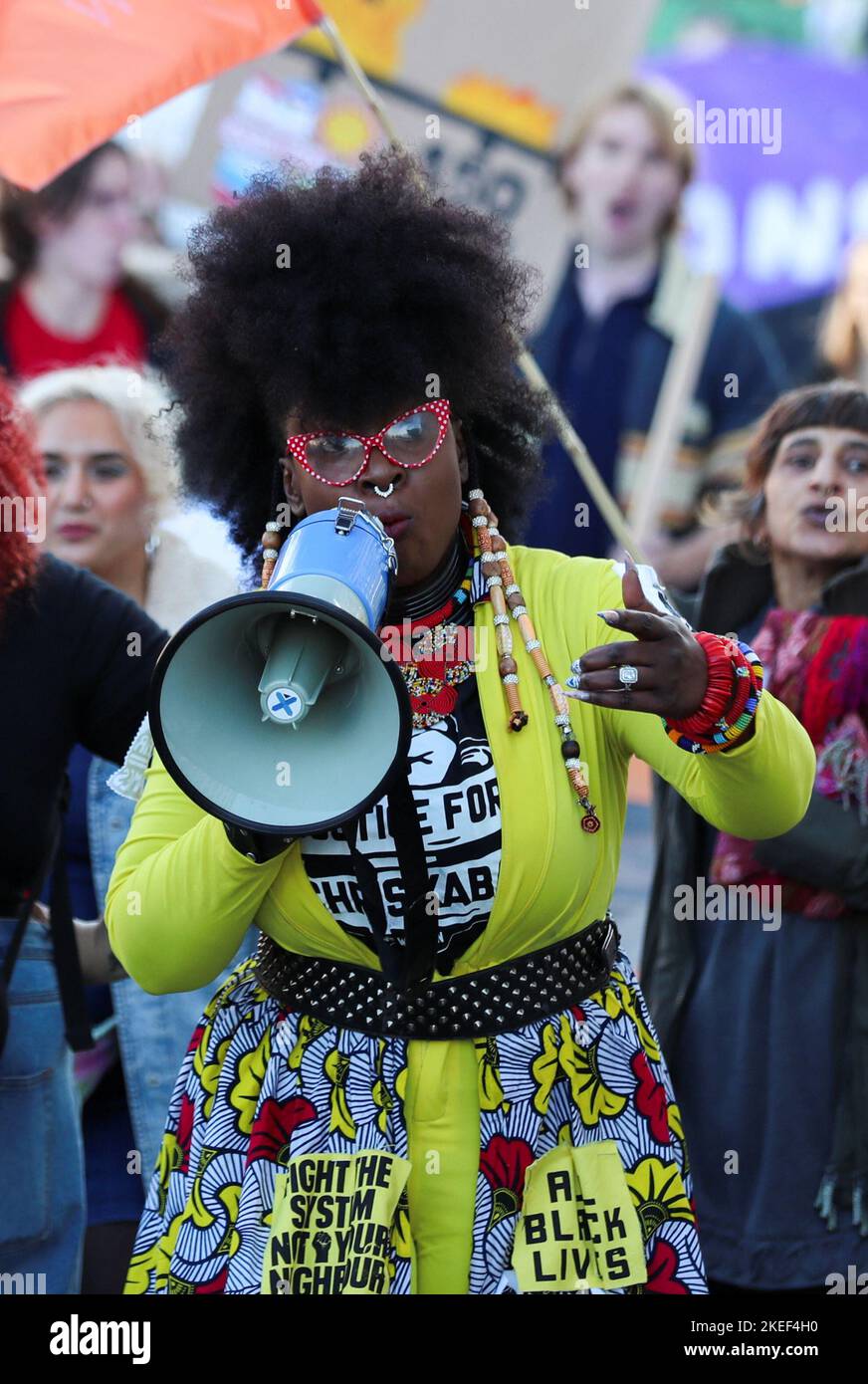 Marvina Eseoghene Newton speaks as demonstrators protest calling for insurers to rule out East African Crude Oil Pipeline (EACOP) as part of a global day of action, in London, Britain, November 12, 2022. REUTERS/May James Stock Photo