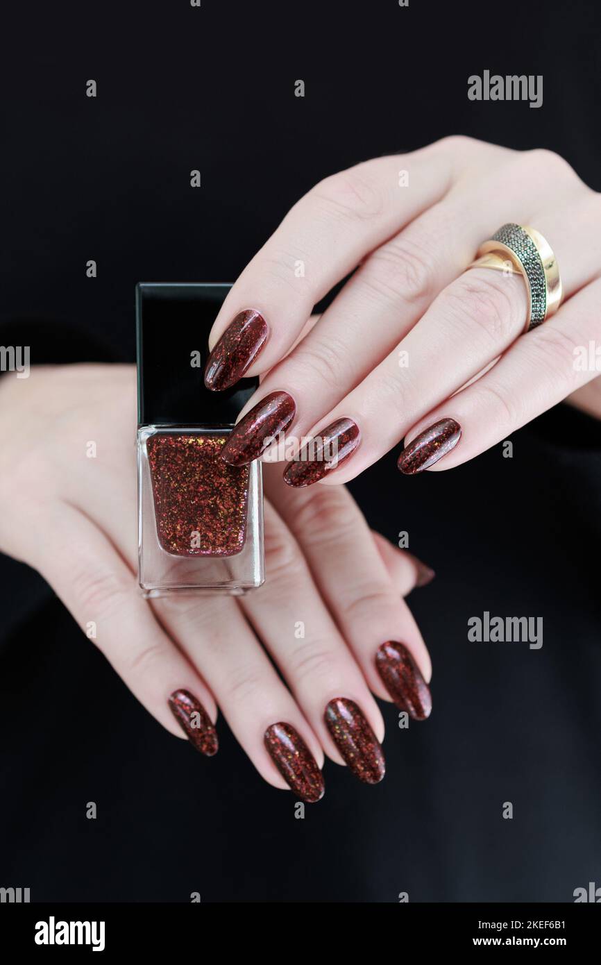 Glossy Medium Oval Nails Autumn Winter Dark Red Press - Temu