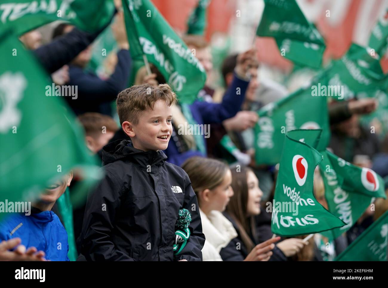 Ireland's fans celebrate a try during the Autumn International match at the Aviva Stadium in Dublin, Ireland. Picture date: Saturday November 12, 2022. Stock Photo