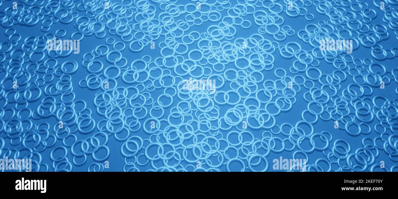 Abstract illustration with blue illuminated shiny metallic rings or ...