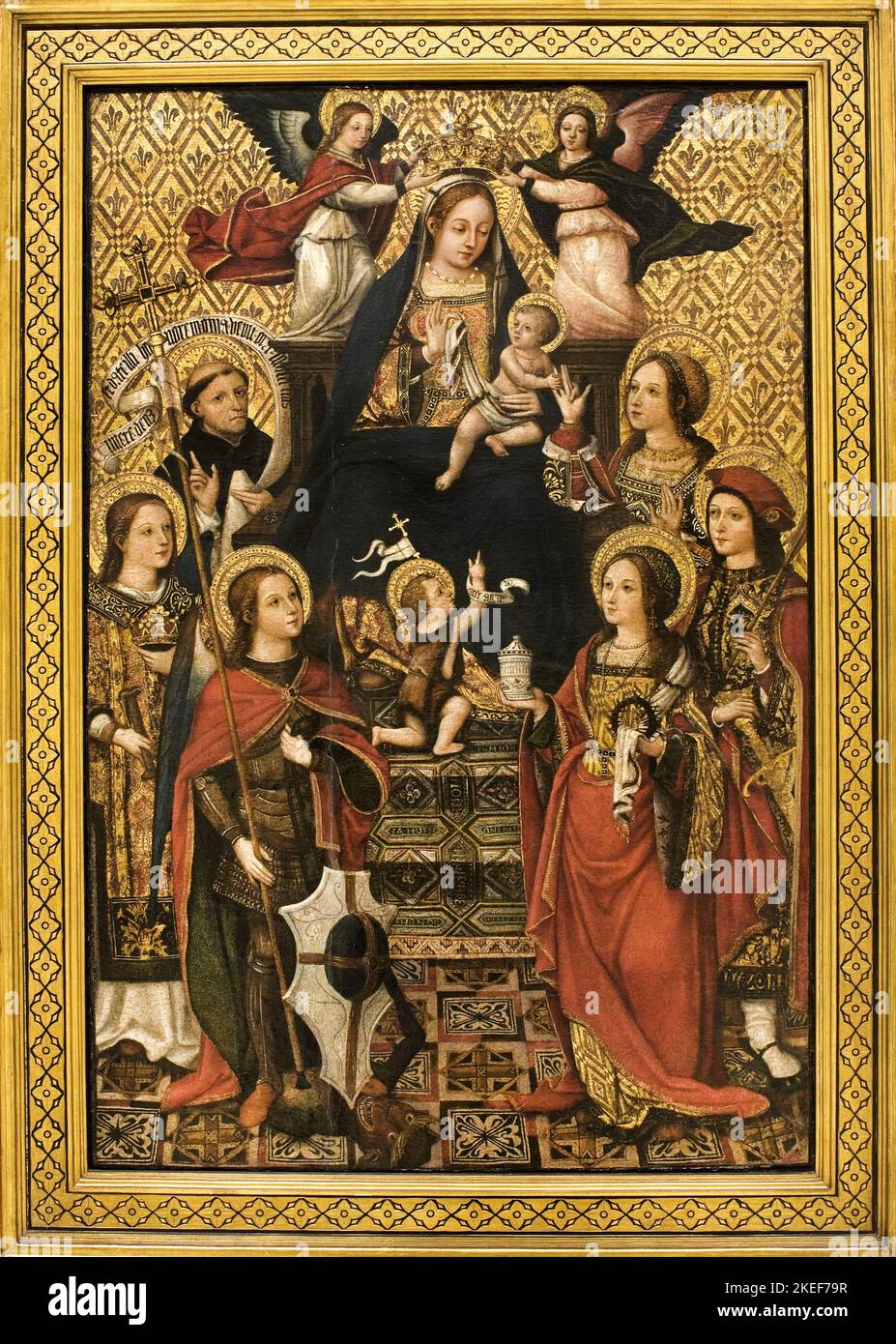 Vicente Masip, Virgin and Child, Saints and Angels, 16th Century, Tempera and Gold Leaf on Wood; Museu Nacional d'Art de Catalunya, Barcelona, Spain. Stock Photo