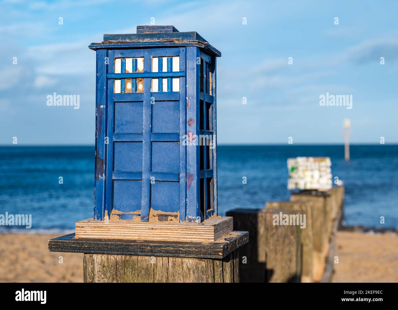 Quirky handmade wooden Tardis on groyne on Portobello beach, Edinburgh, Scotland, UK Stock Photo