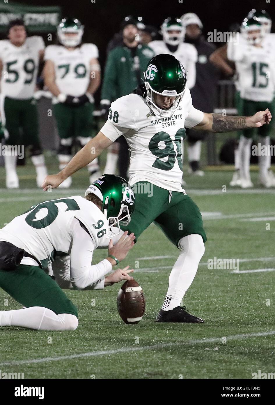 Hilsboro Stadium, Hillsboro, OR, USA. 11th Nov, 2022. Sacramento State Hornets punter Connor Stutz (96) performs point after duties during the NCAA football game between the Hornets of Sac State and the Portland State Vikings at Hilsboro Stadium, Hillsboro, OR. Larry C. Lawson/CSM (Cal Sport Media via AP Images). Credit: csm/Alamy Live News Stock Photo