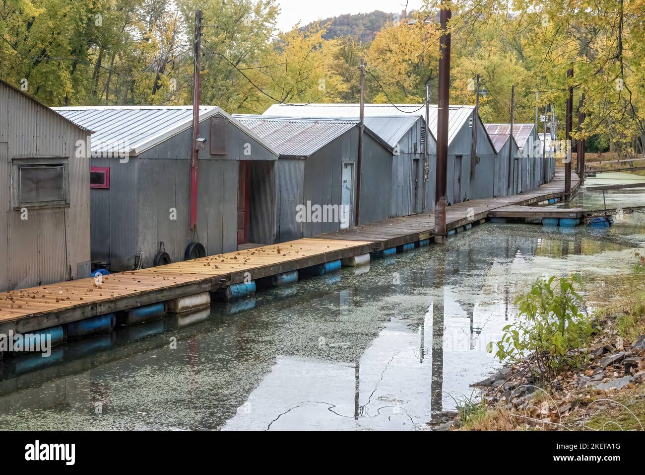 Row of old aluminum or steel boat houses on Latsch Island in the