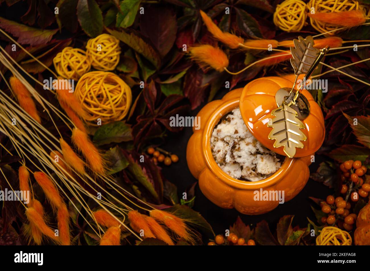 Thanksgiving Autumn festive table background with pumpkin top view branches of sea buckthorn berries a pumpkin-shaped pot Stock Photo