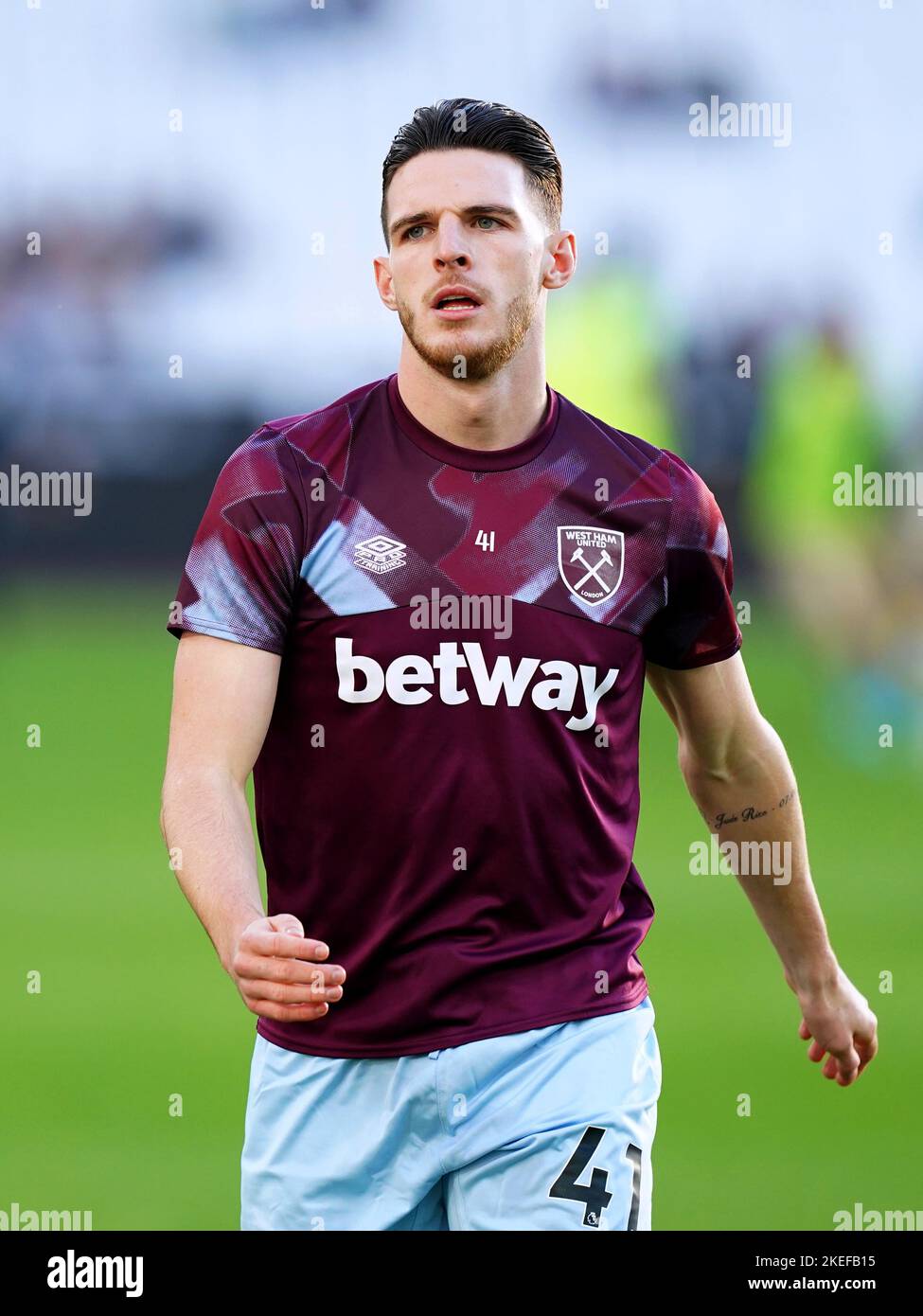 West Ham United's Declan Rice during the pre-match warm up ahead of the ...