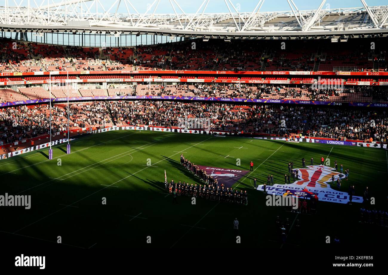 England and Samoa line up prior to the Rugby League World Cup semi-final match at the Emirates Stadium, London. Picture date: Saturday November 12, 2022. Stock Photo